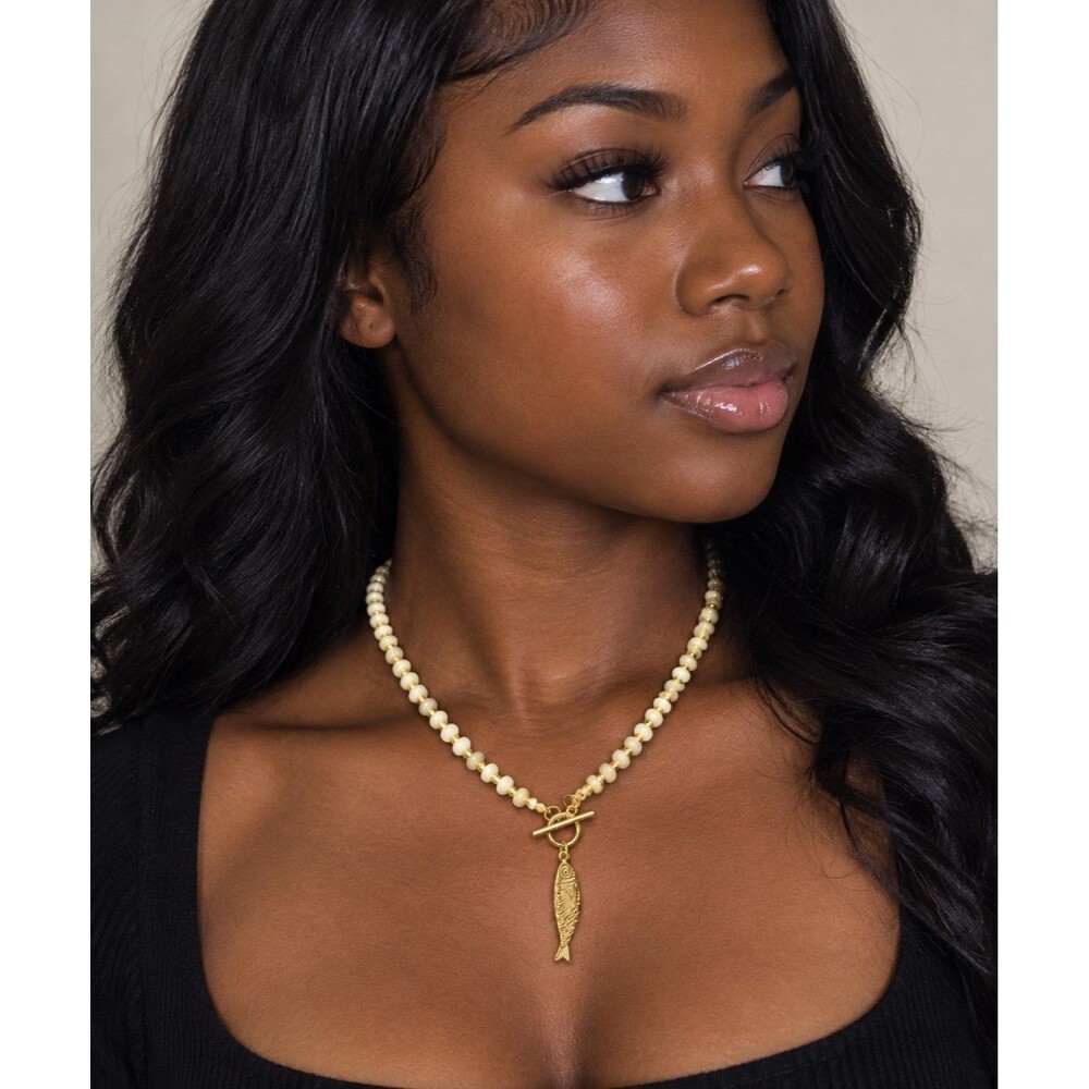 Mayamar Cream Beaded Goldtone Fish Necklace 16" NEW